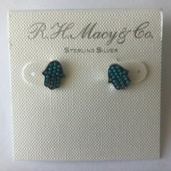 Nano Sterling Silver 925 Blue Lab Created Opal Hamsa Hand Stud Earrings - Picture 2 of 5